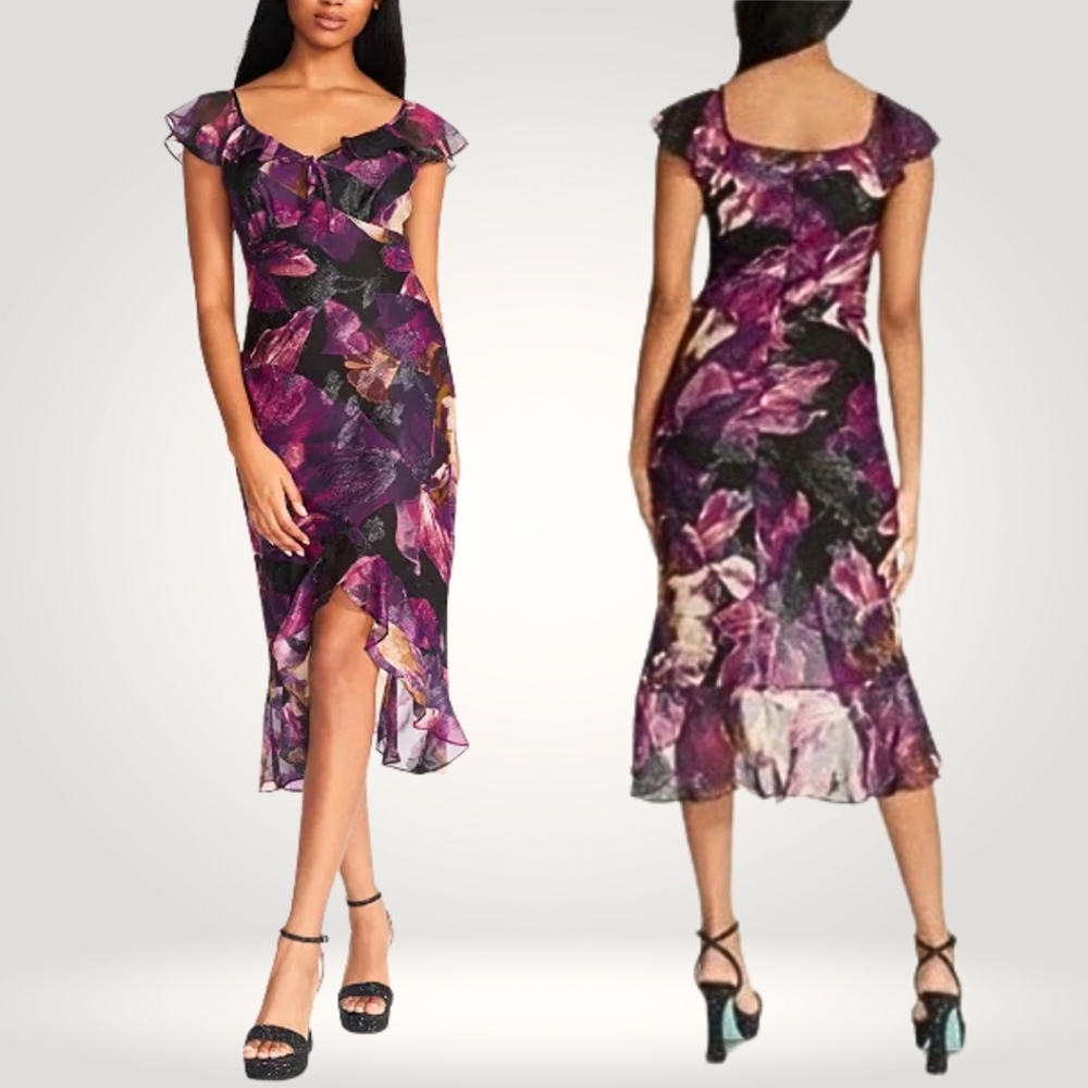 NEW Betsey Johnson Purple Floral Chiffon Off-The-Shoulder High-Low Dress Size XL
